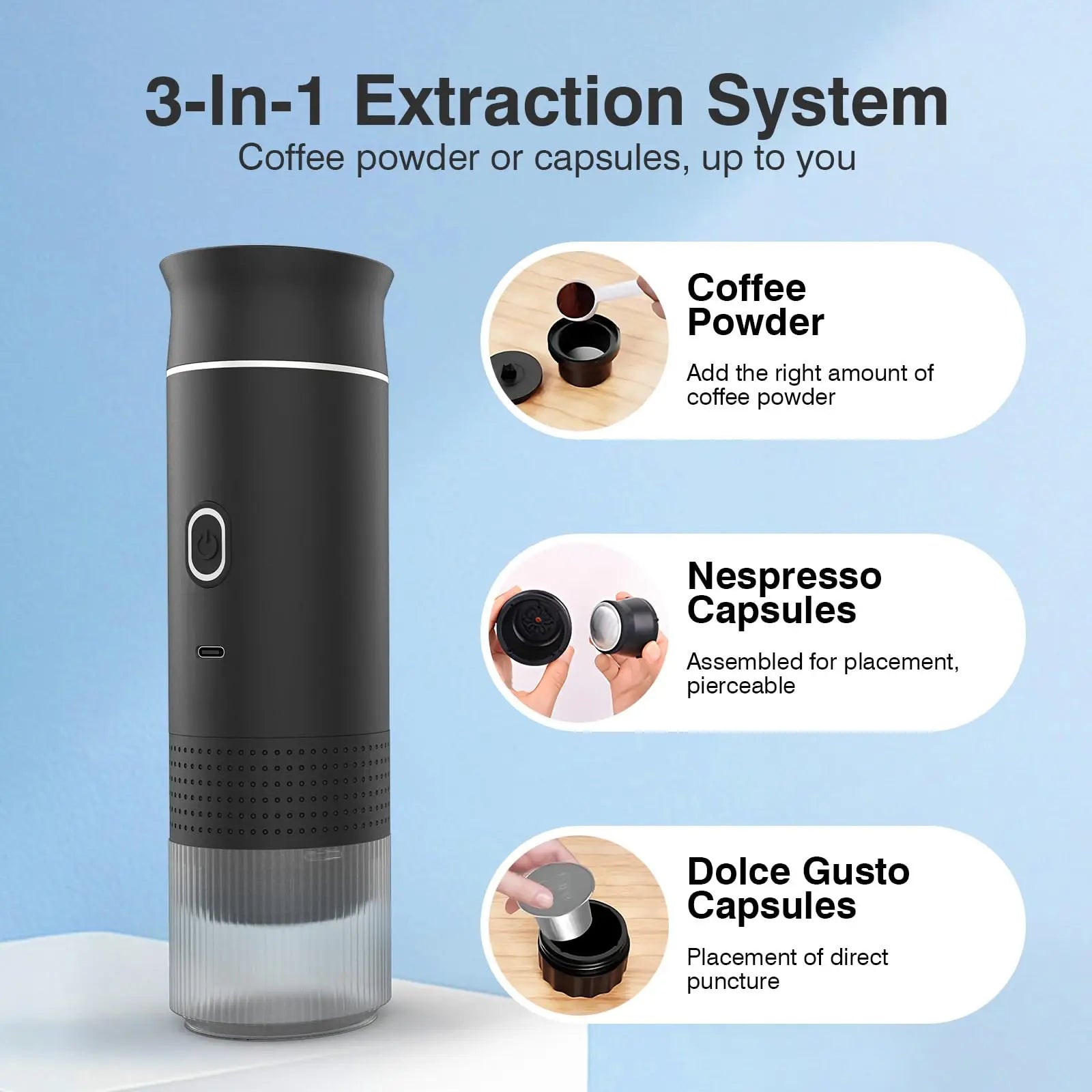 Tripresso Portable Electric Coffee Machine – Wireless, 3-in-1 Pods & Ground